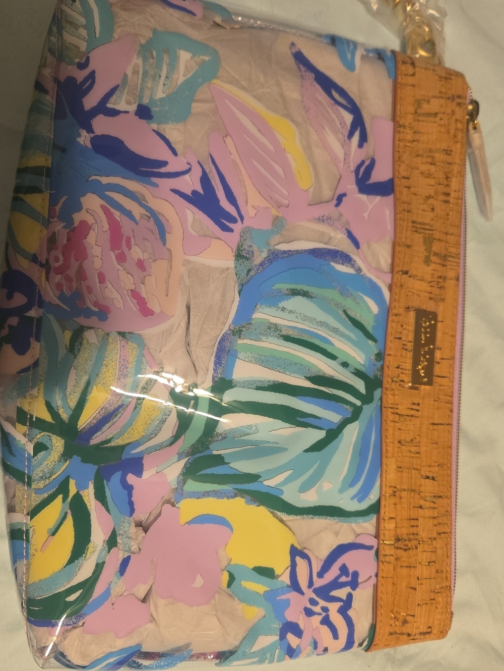 Lilly Pulitzer Pastel Floral Vinyl Cosmetic Pouch with Cork Trim
